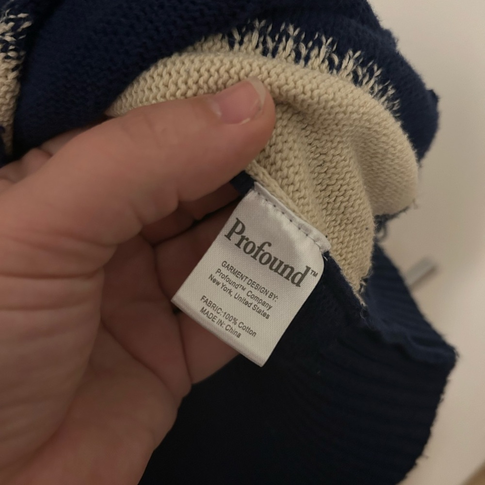 Found (formerly Profound) Checkered Fisherman Knit Sweater Navy Cream Size S - Picture 6 of 8